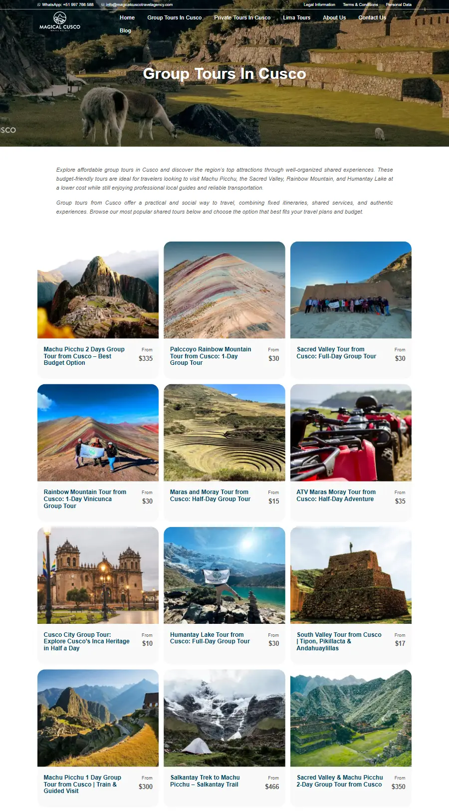 Lista de tours del sitio web de Magical Cusco Travel Agency