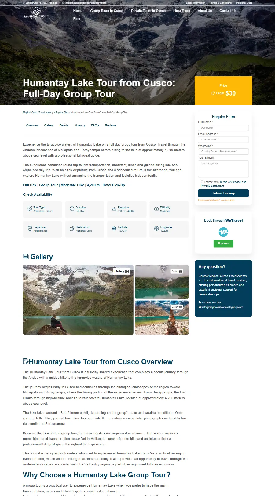 Página de tour del sitio web de Magical Cusco Travel Agency