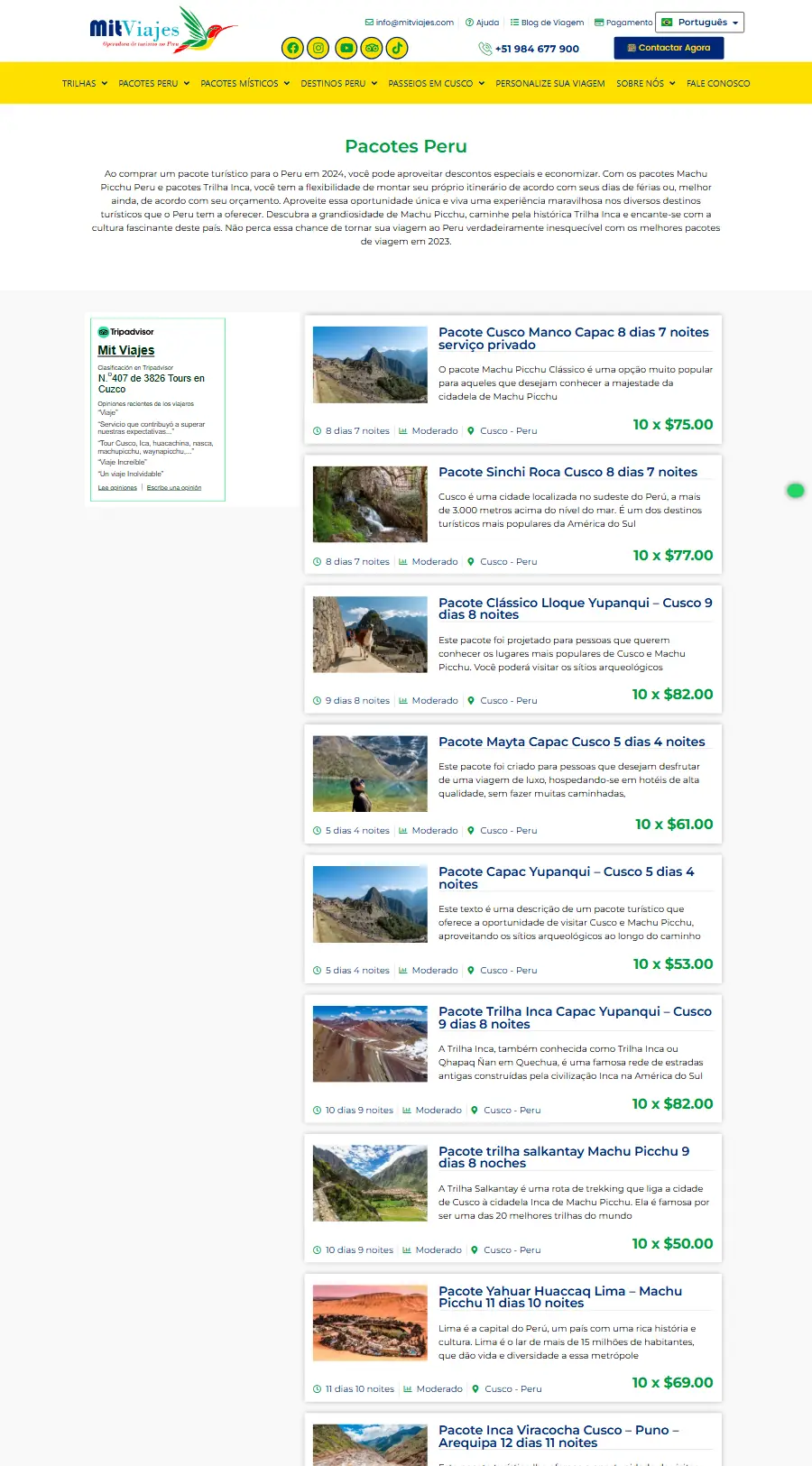 Lista de tours del sitio web de Mit Viajes