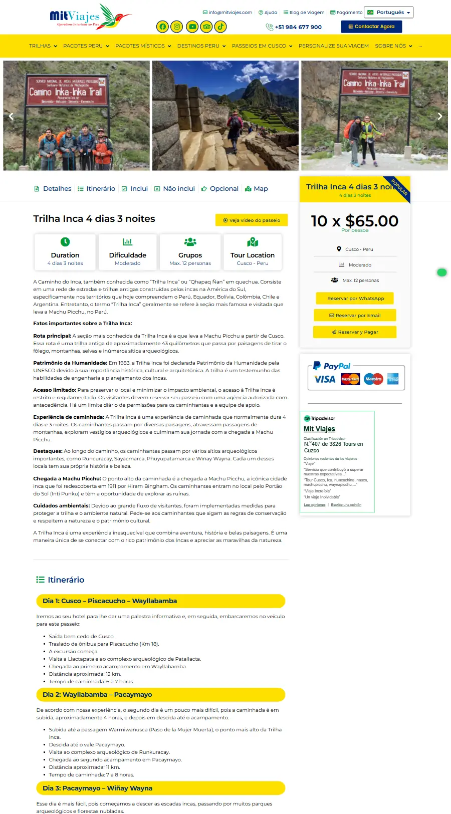 Página de tour del sitio web de Mit Viajes