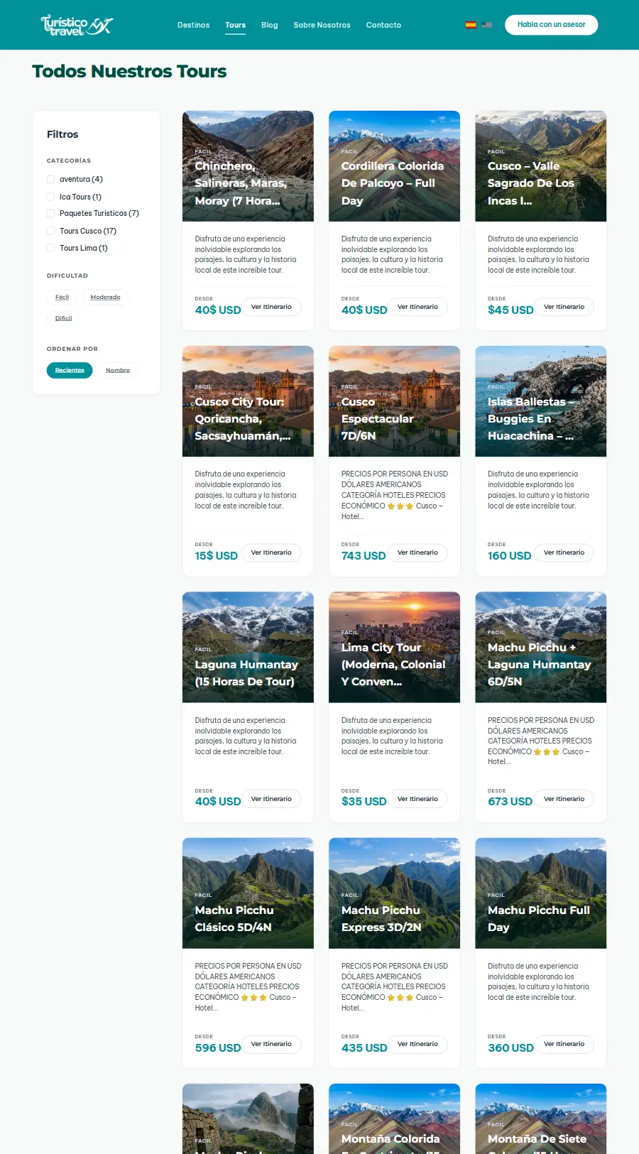 Lista de tours del sitio web de Mundo Turístico