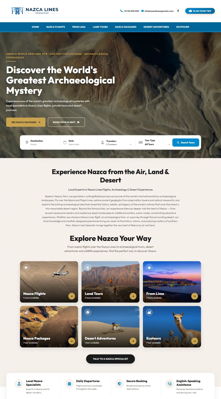 Página de inicio del sitio web de Nazca Lines Operator