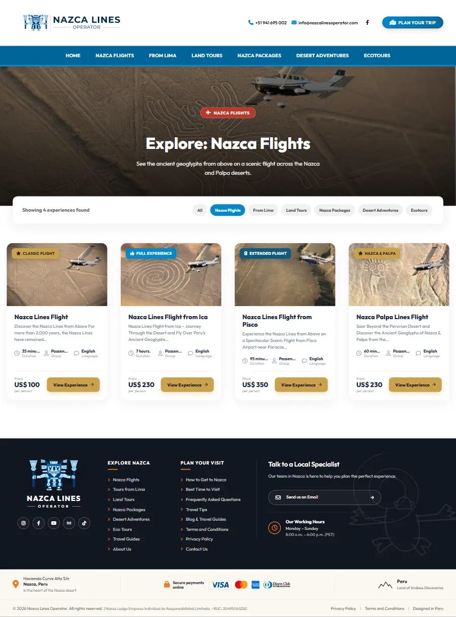 Lista de tours del sitio web de Nazca Lines Operator