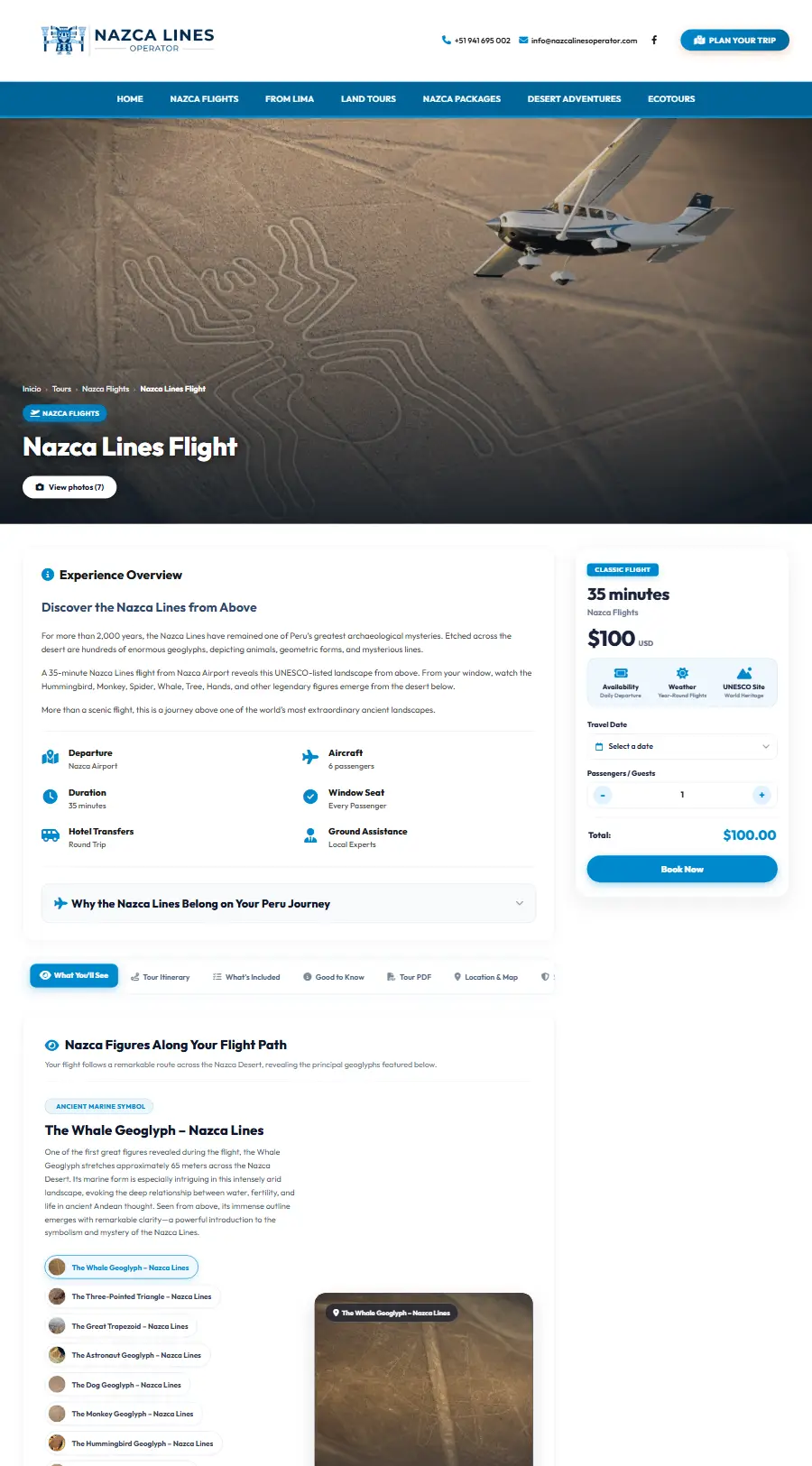 Página de tour del sitio web de Nazca Lines Operator