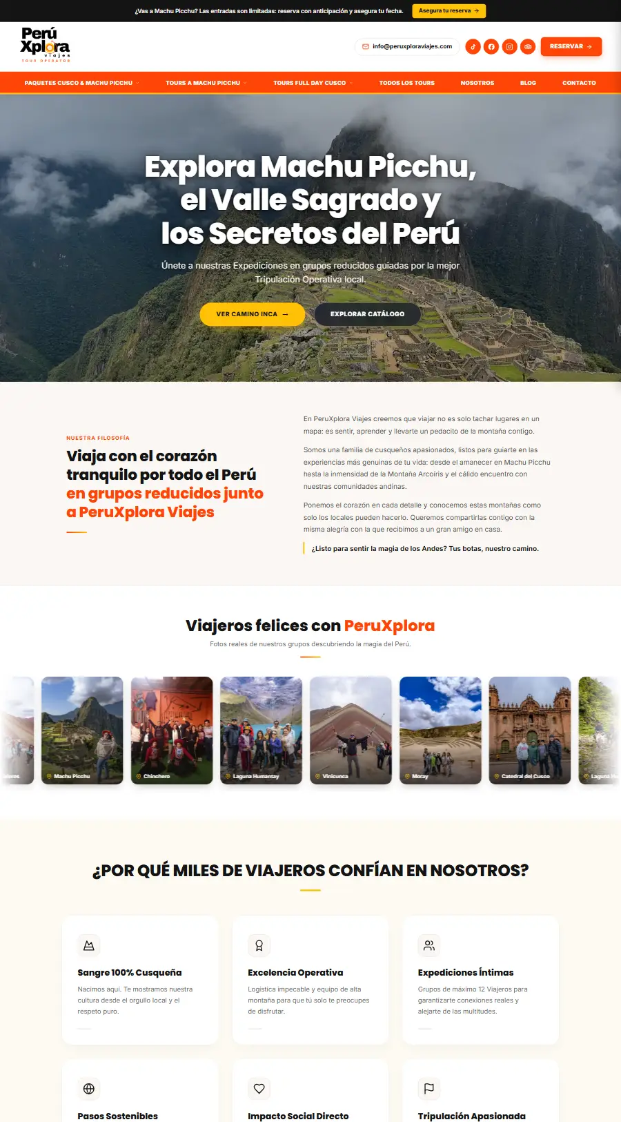 Página de inicio del sitio web de PeruXplora Viajes