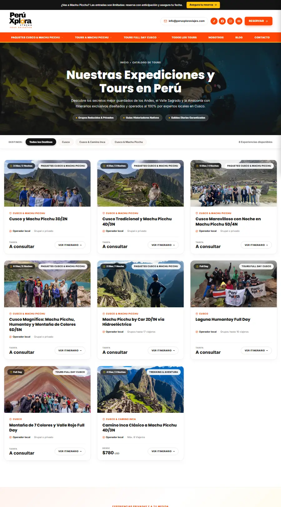 Lista de tours del sitio web de PeruXplora Viajes
