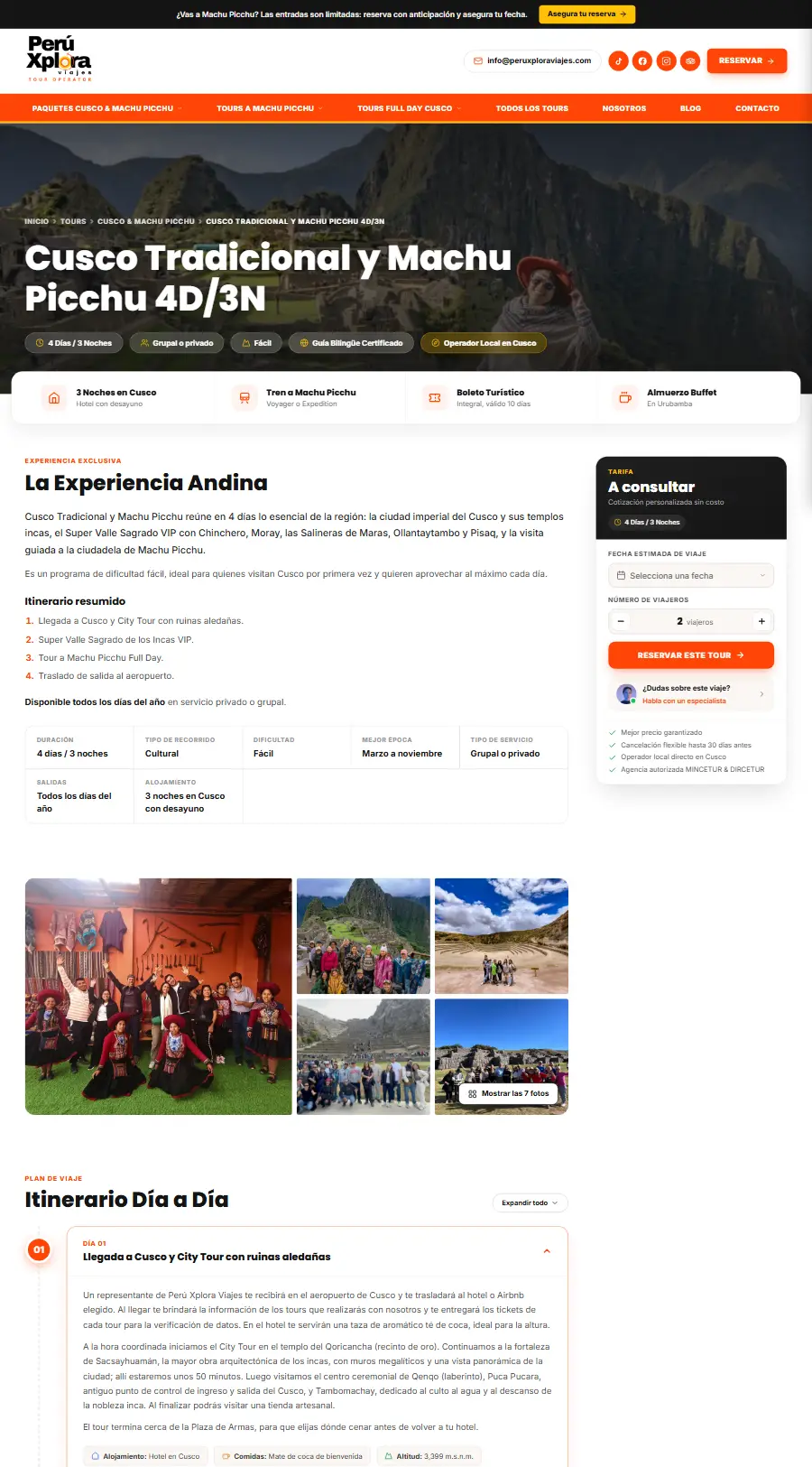 Página de tour del sitio web de PeruXplora Viajes