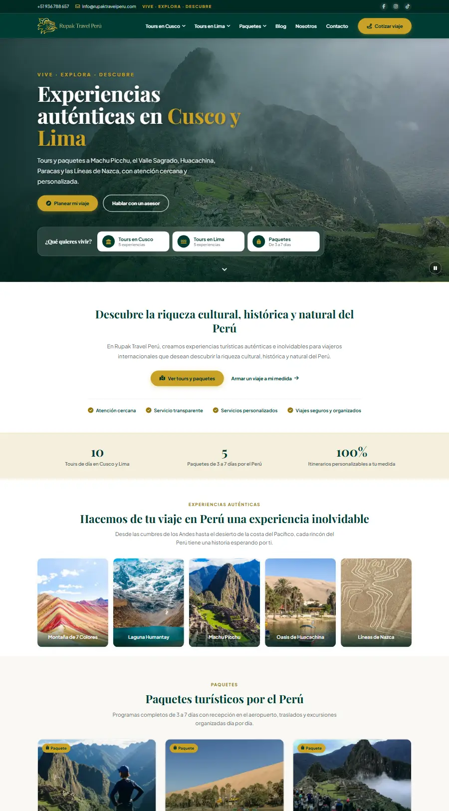Página de inicio del sitio web de Rupak Travel Perú