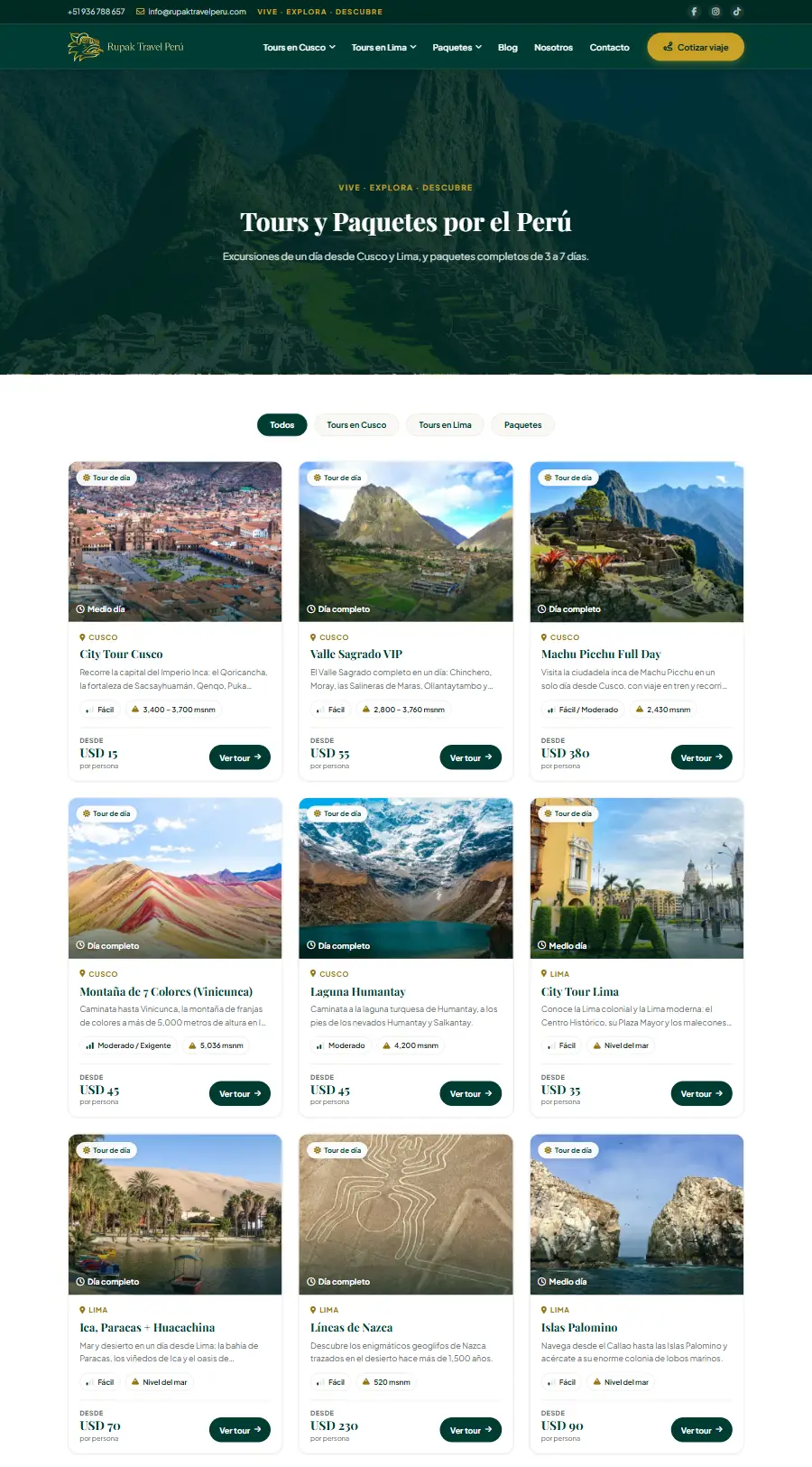 Lista de tours del sitio web de Rupak Travel Perú