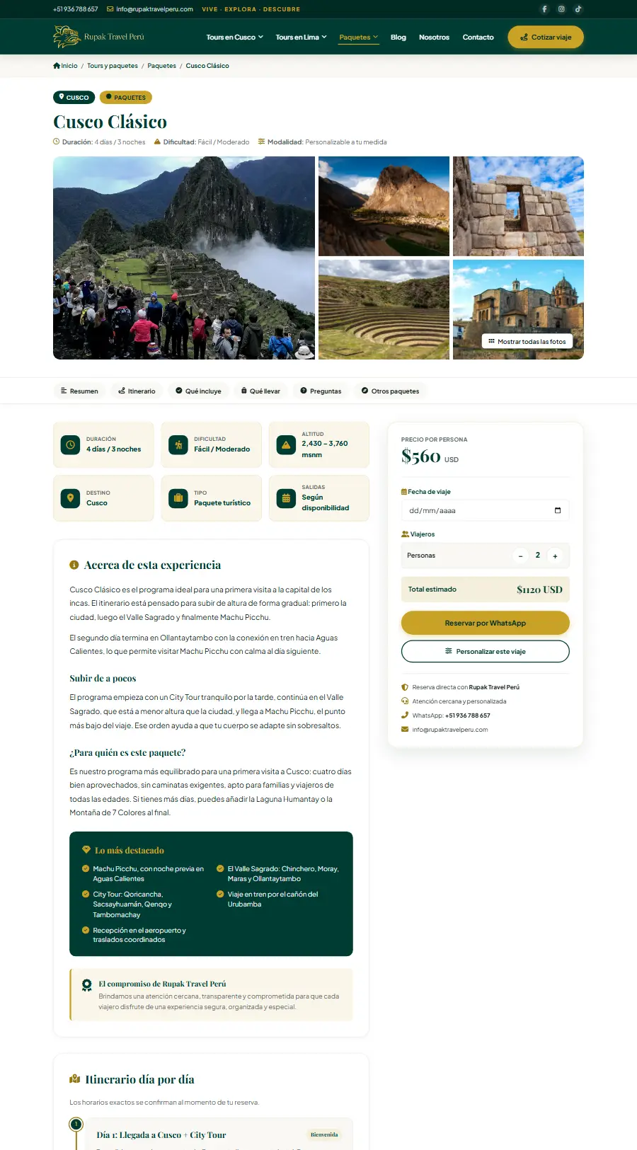 Página de tour del sitio web de Rupak Travel Perú
