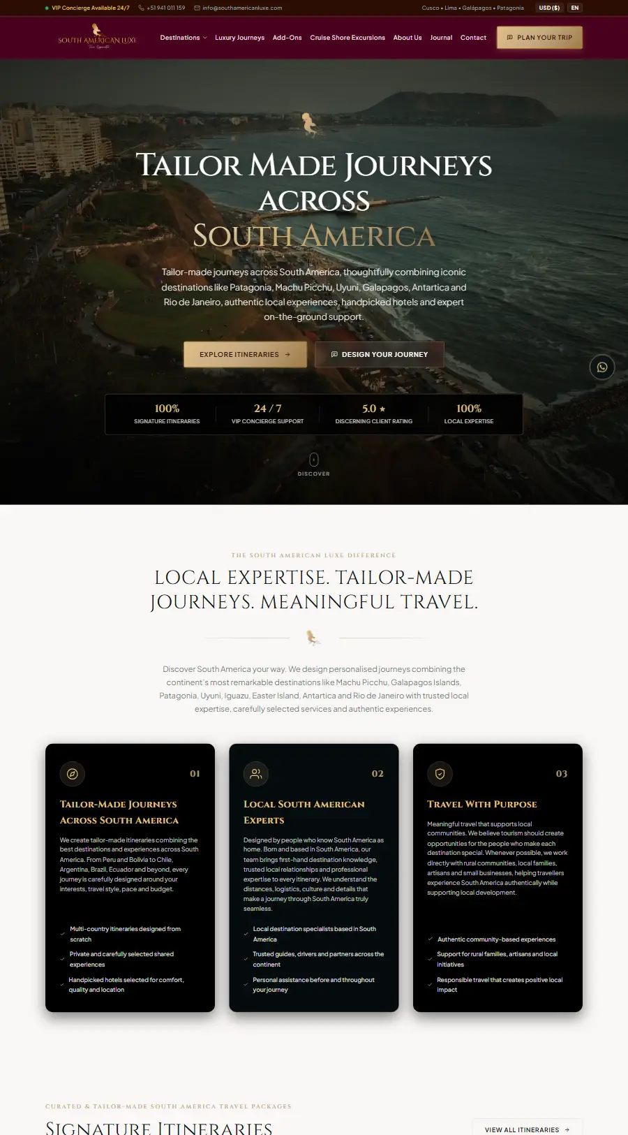 Página de inicio del sitio web de South American Luxe