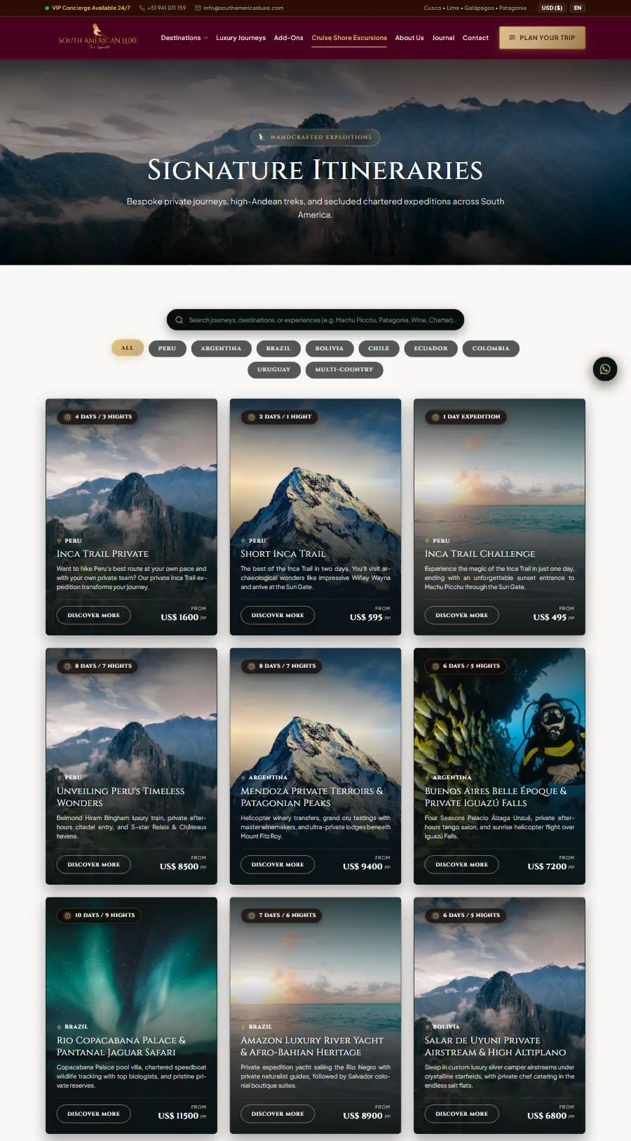 Itinerarios de autor del sitio web de South American Luxe