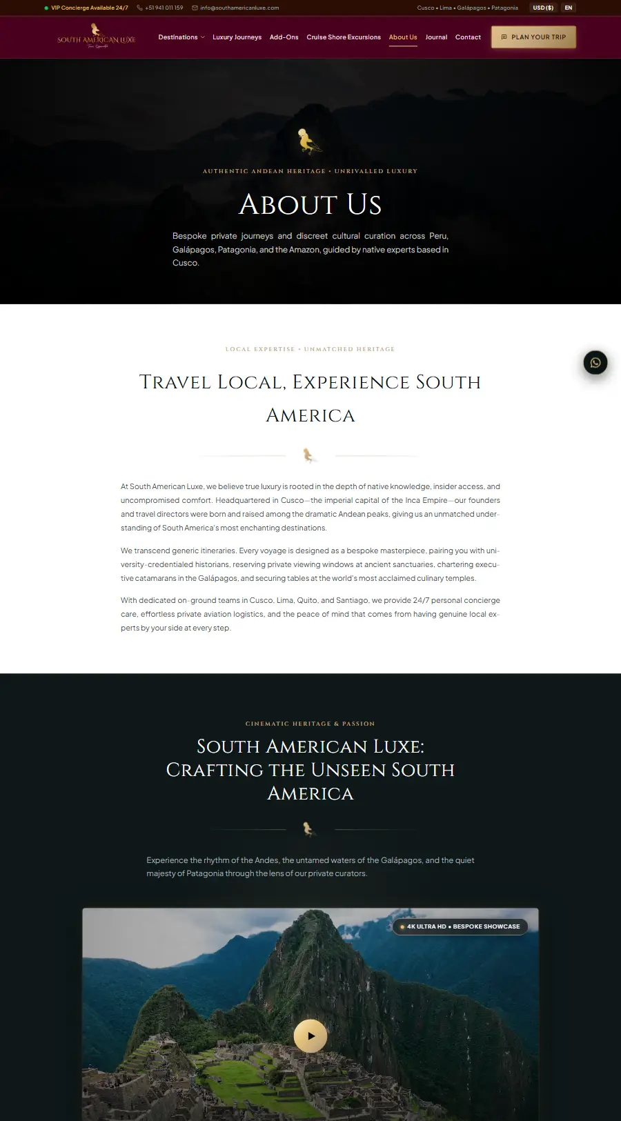 Página «About» del sitio web de South American Luxe