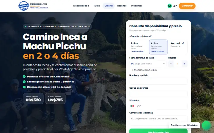 Captura del sitio web de Terra Quechua · Camino Inca 2 y 4 días
