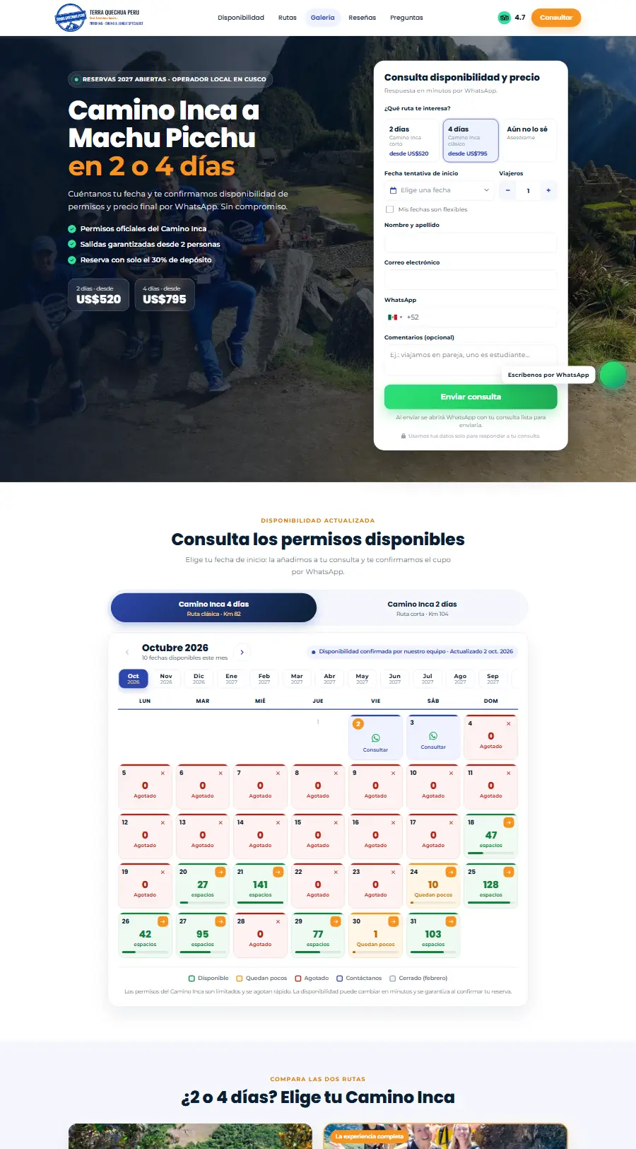 Página de inicio del sitio web de Terra Quechua · Camino Inca 2 y 4 días