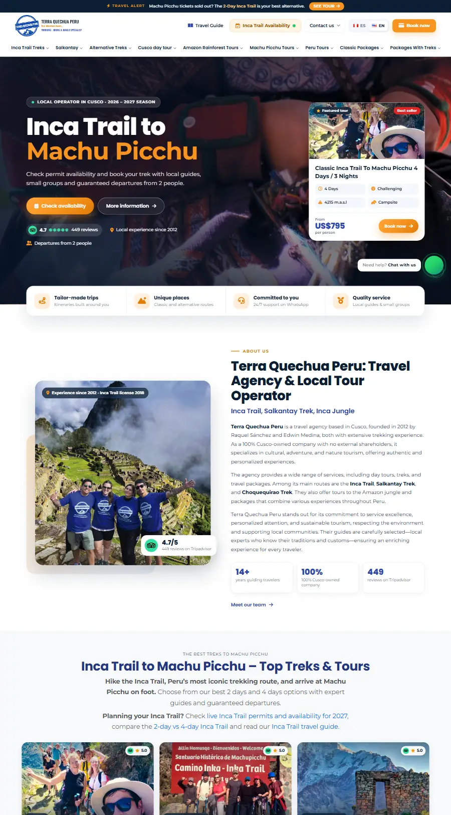 Página de inicio del sitio web de Terra Quechua Peru