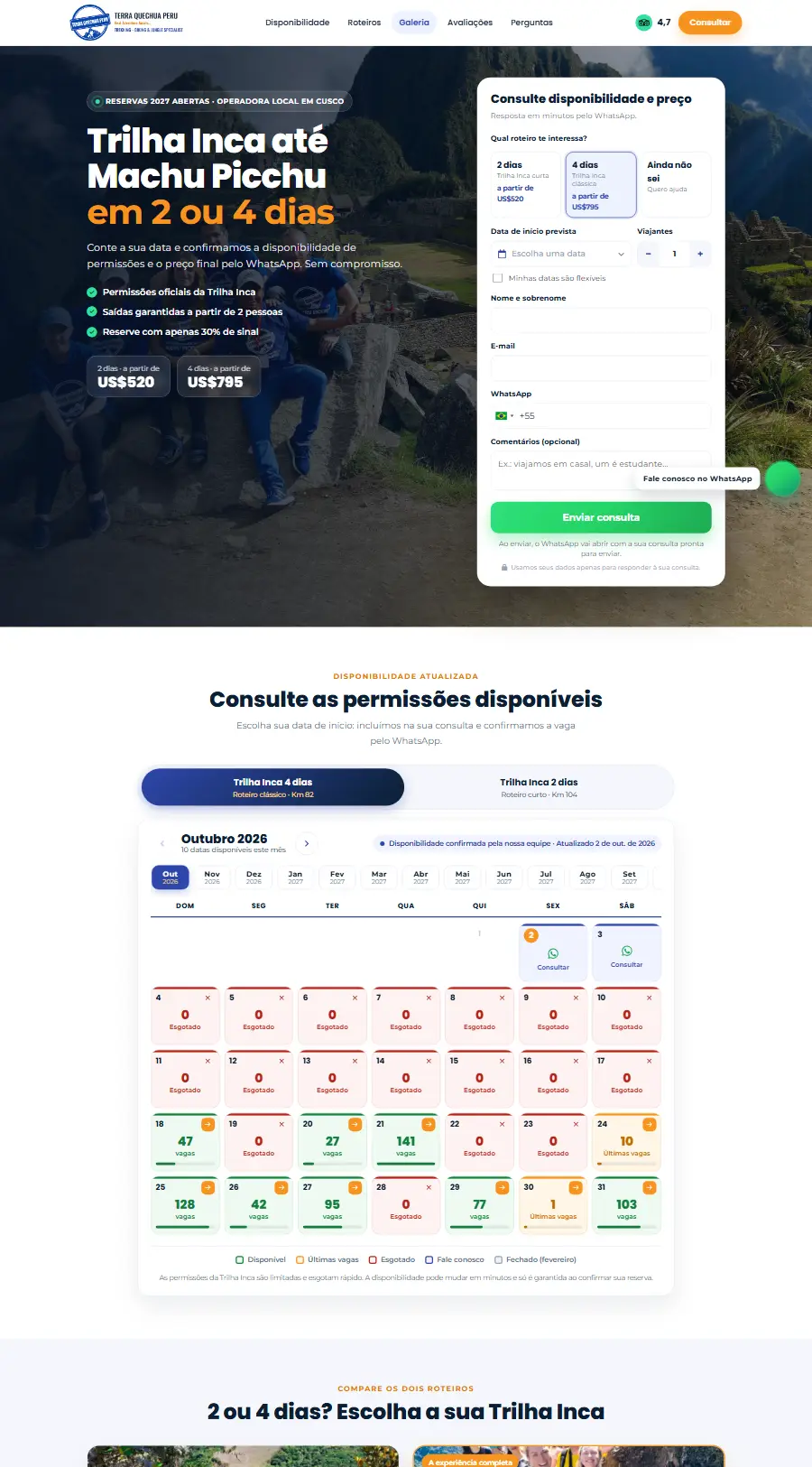 Landing page Trilha Inca 2 e 4 dias de Terra Quechua Peru