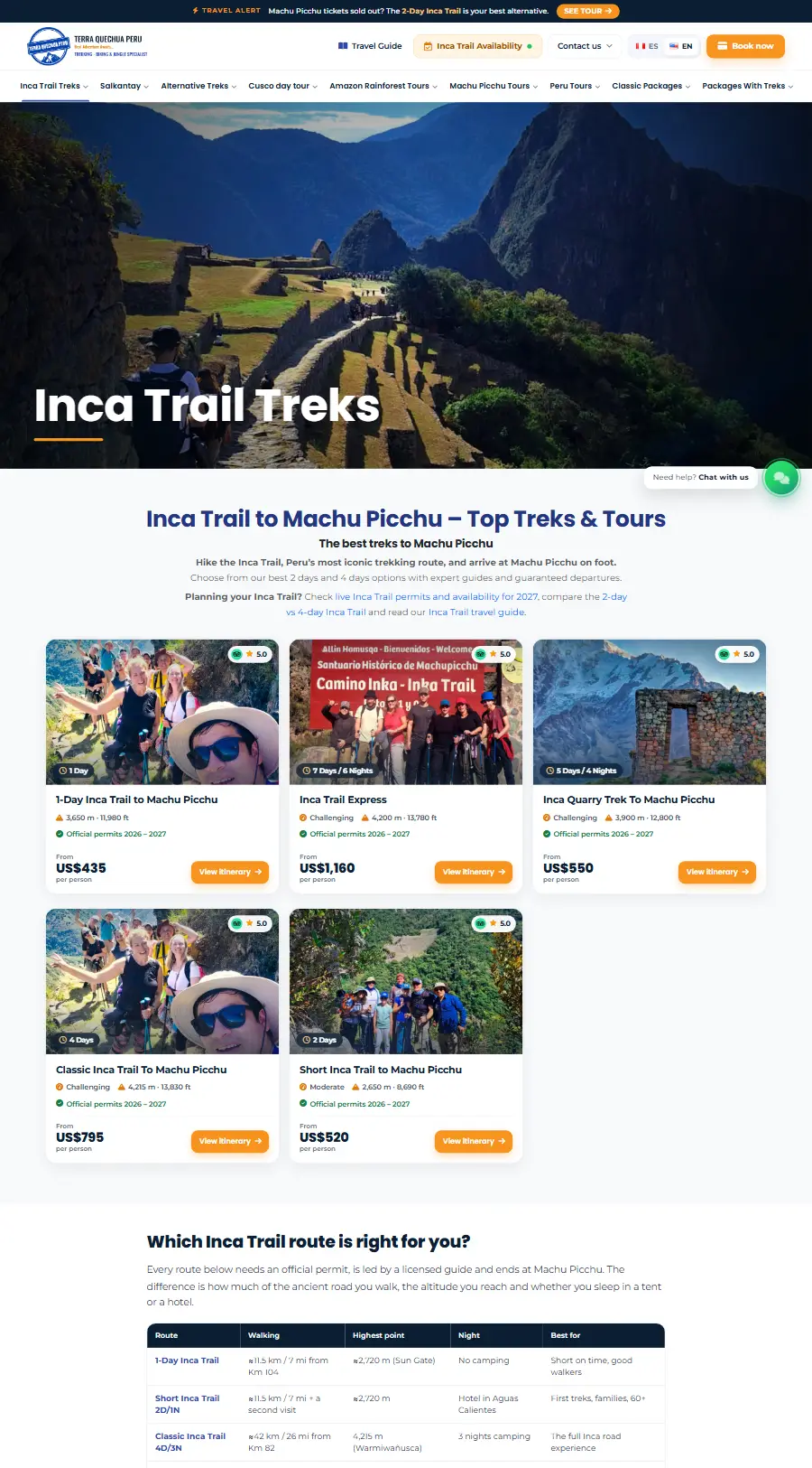 Lista de tours del sitio web de Terra Quechua Peru