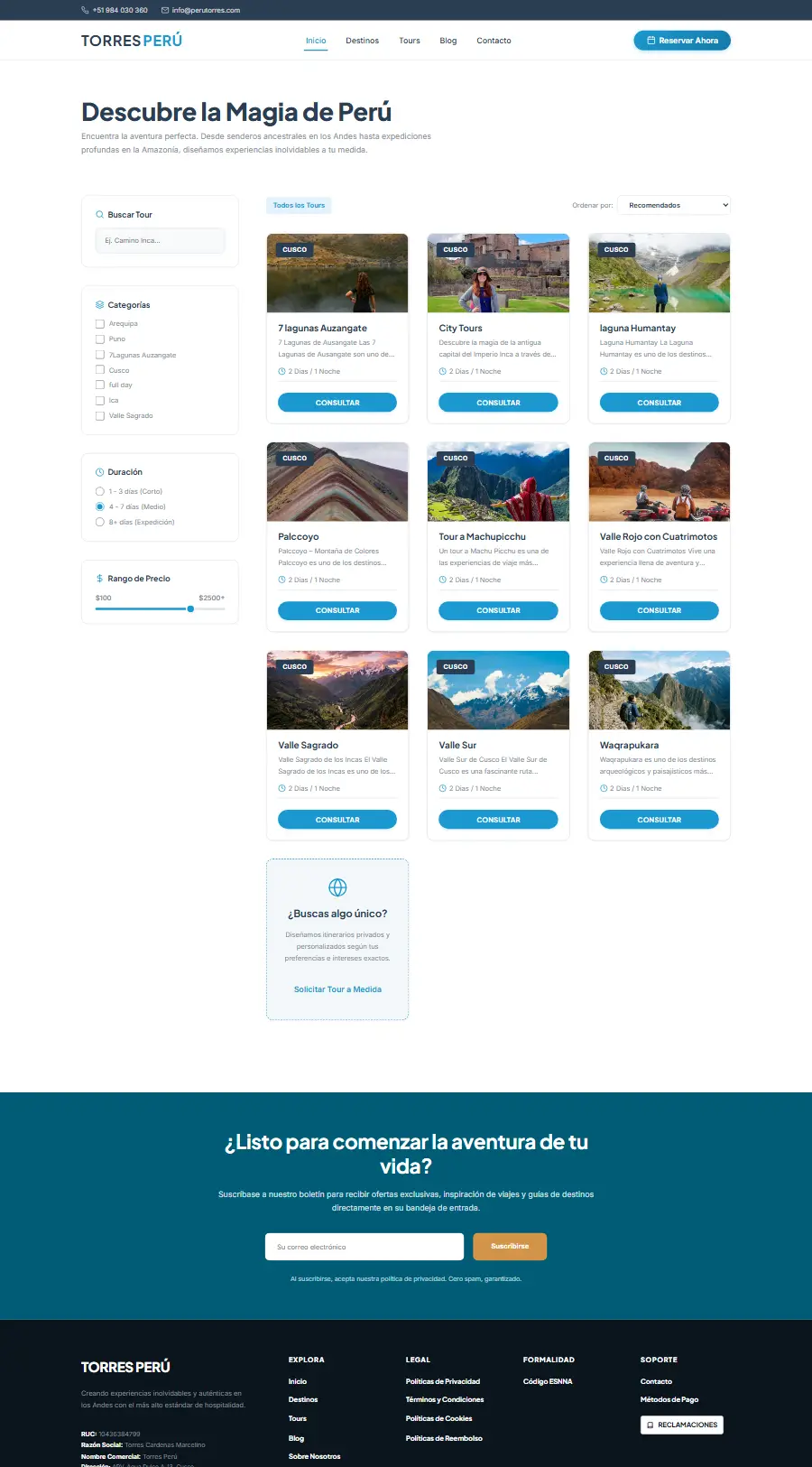 Lista de tours del sitio web de Torres Perú