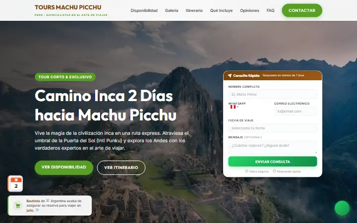 Captura del sitio web de Tours Machu Picchu Perú