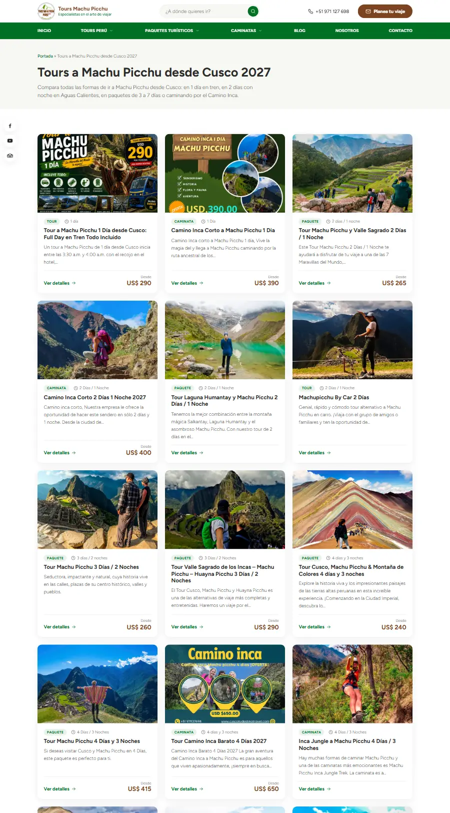 Lista de tours del sitio web de Tours Machu Picchu Perú