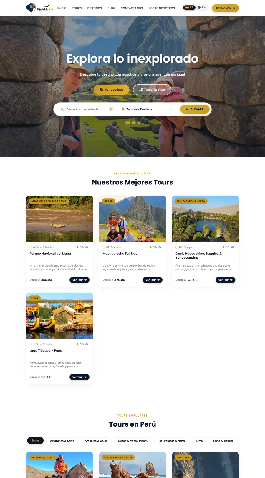 Página de inicio del sitio web de Travelmer