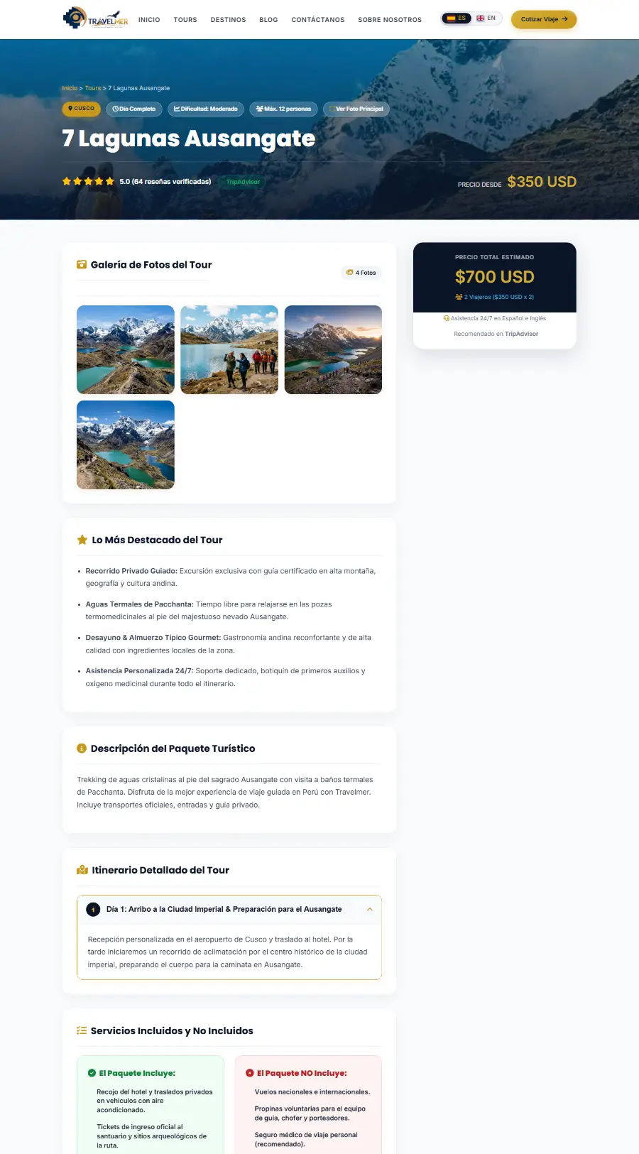 Página de tour del sitio web de Travelmer