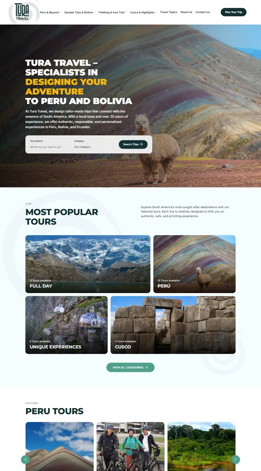 Página de inicio del sitio web de Tura Travel