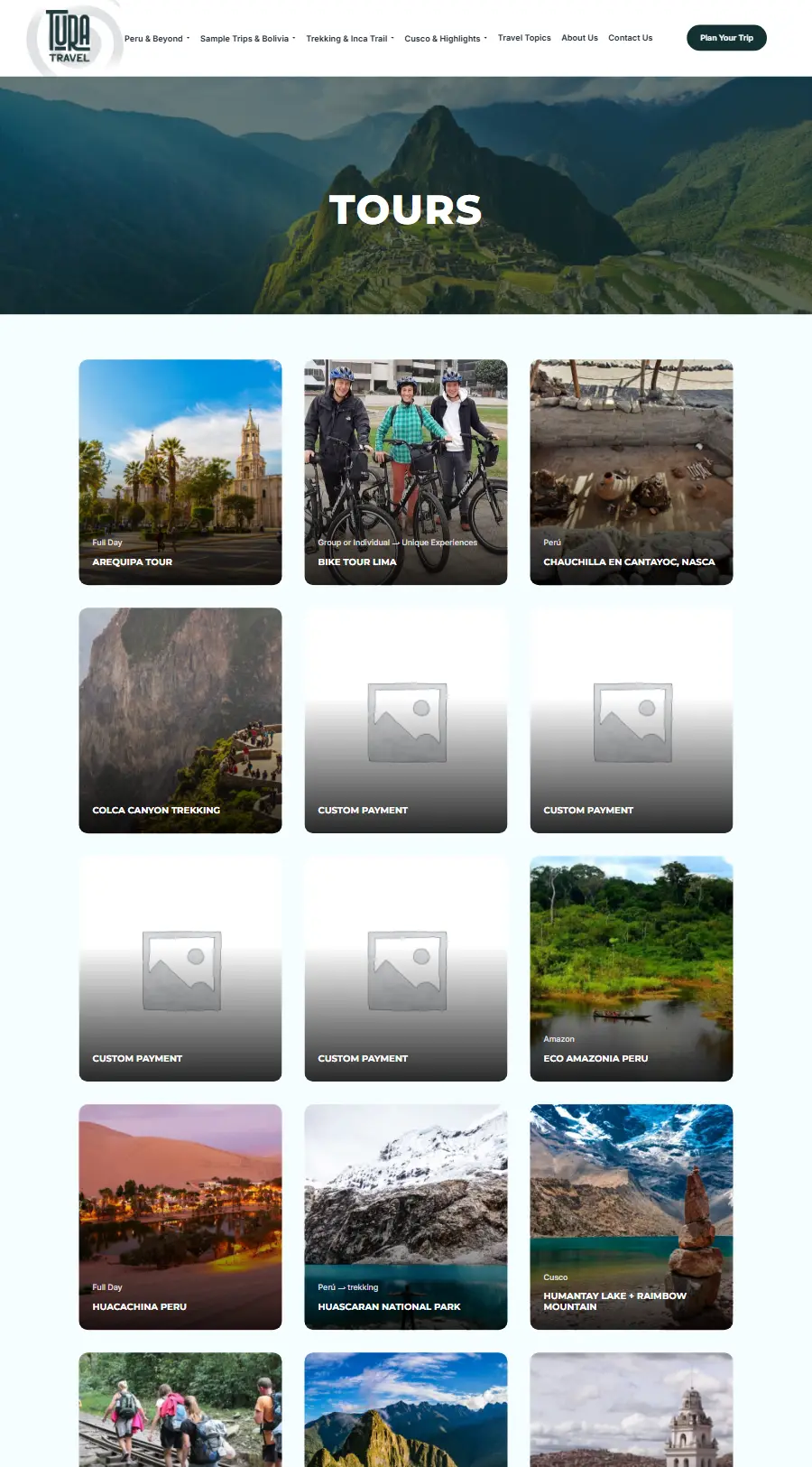 Lista de tours del sitio web de Tura Travel