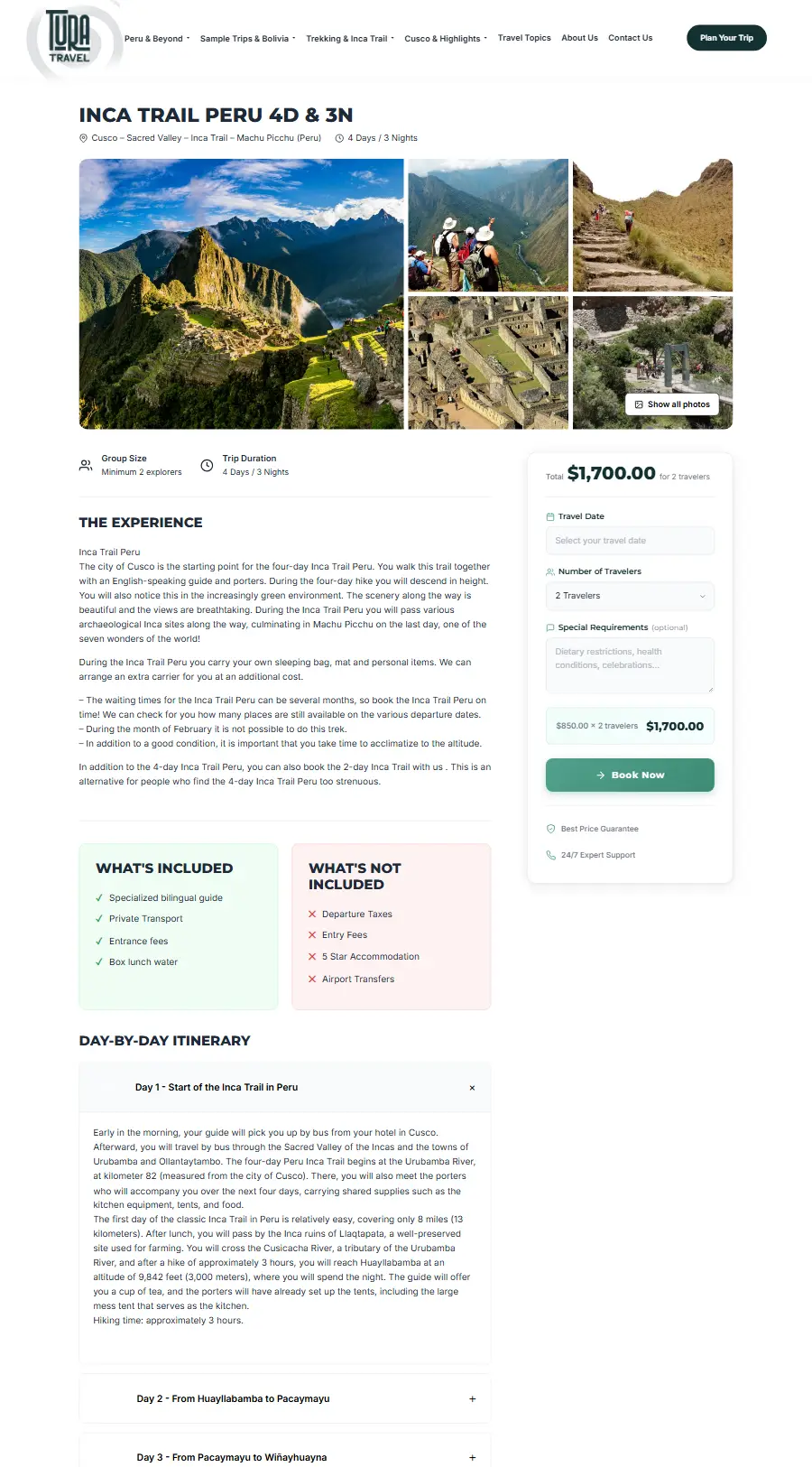 Página de tour del sitio web de Tura Travel