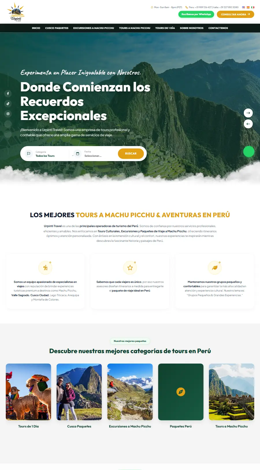 Página de inicio del sitio web de Urpinti Travel