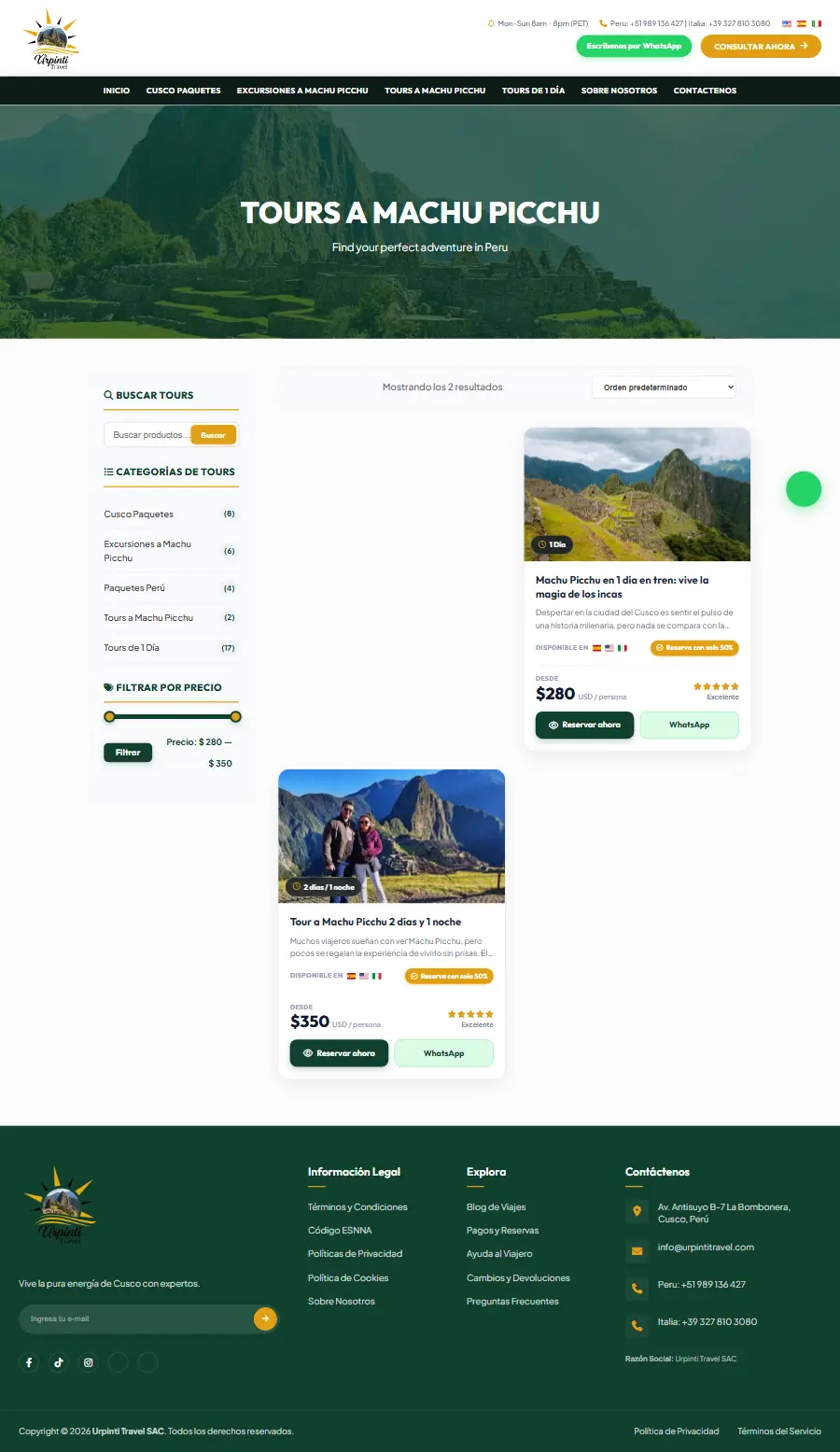 Lista de tours del sitio web de Urpinti Travel