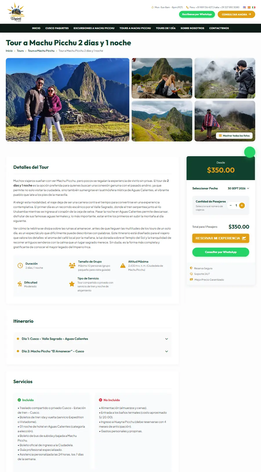 Página de tour del sitio web de Urpinti Travel