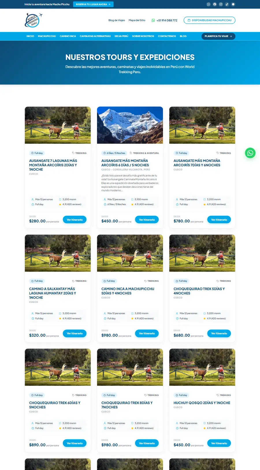 Lista de tours del sitio web de World Trekking Peru