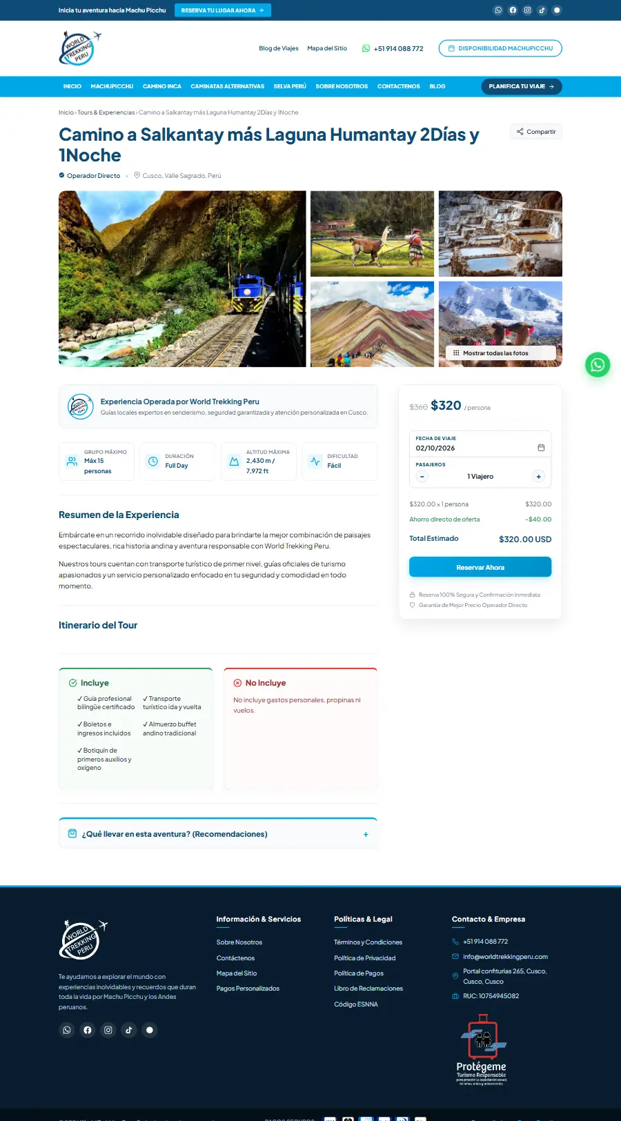 Página de tour del sitio web de World Trekking Peru