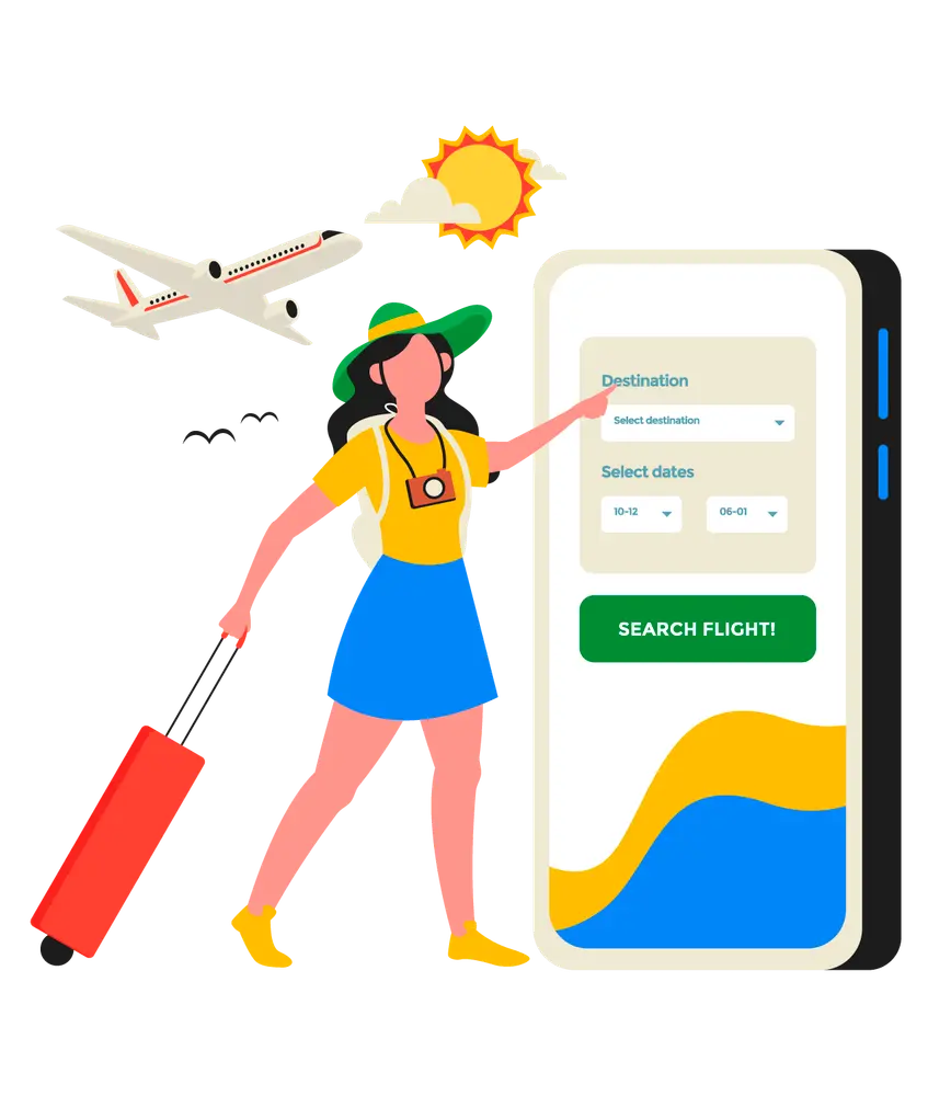 Ilustración de una viajera reservando un tour desde su celular