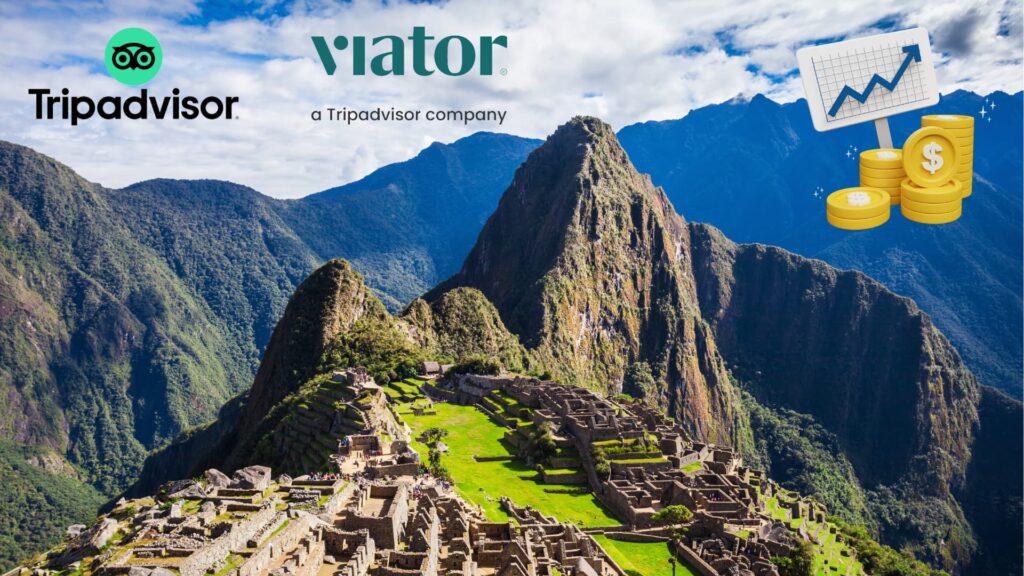 Logos de Tripadvisor y Viator sobre una vista de Machu Picchu