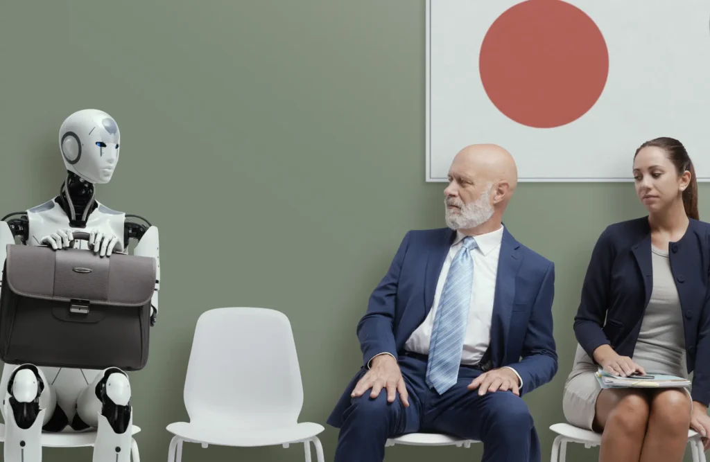 Dos personas se asombran al ver un robot esperando para competir una entrevista laboral con ellos.