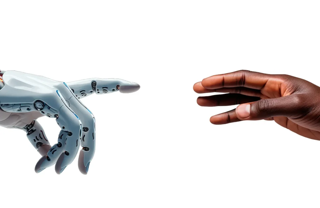 Una mano humana y otra robótica a punto de establecer contacto.